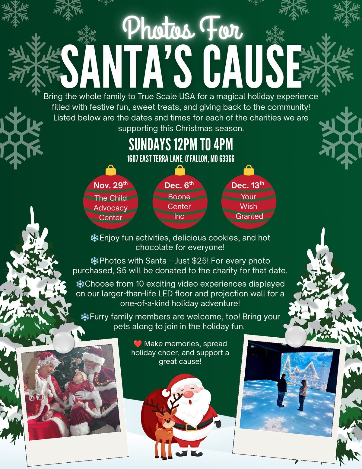 Photos for Santa's Cause holiday flyer listing the three Sunday dates, 12pm to 4pm, the charity for each date, $25 photos with Santa, and the True Scale USA address